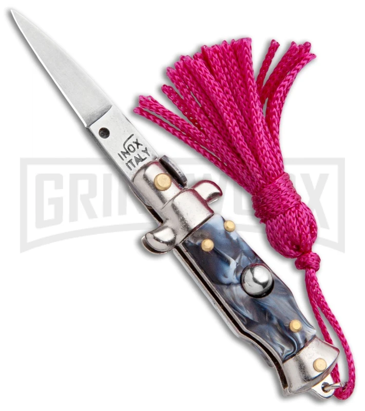 Italian Stiletto Gray Marble Automatic Knife Pink Keychain - Flat Grind 3 Italian Stiletto Gray Marble Automatic Knife Pink Keychain - Flat Grind