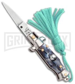 Italian Stiletto Gray Marble Automatic Knife Teal Keychain - Flat Grind