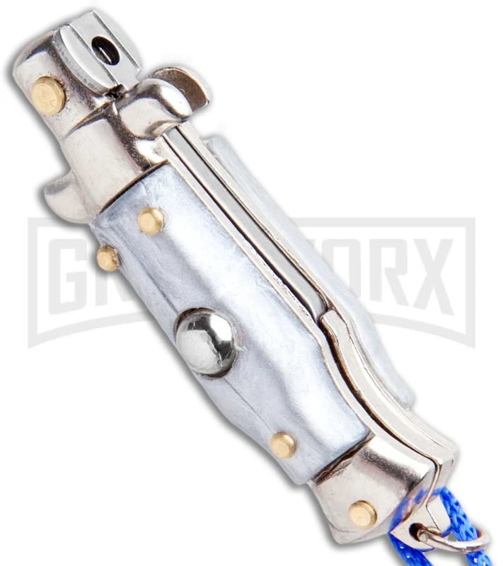 Italian Stiletto Gray Automatic Knife Blue Keychain - Flat Grind 4 Italian Stiletto Gray Automatic Knife Blue Keychain - Flat Grind - Image 2