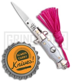 SKM Italian Stiletto Gray Automatic Knife Pink Keychain - Flat Grind 9 SKM Italian Stiletto Gray Automatic Knife Pink Keychain - Flat Grind -Kershaw Store SKM Italian Stiletto Keychain Auto Silver Pink Satin BHQ 102939 jr bottlecap large