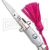 SKM Italian Stiletto Gray Automatic Knife Pink Keychain - Flat Grind 2 SKM Italian Stiletto Gray Automatic Knife Pink Keychain - Flat Grind -Kershaw Store SKM Italian Stiletto Keychain Auto Silver Pink Satin BHQ 102939 jr large