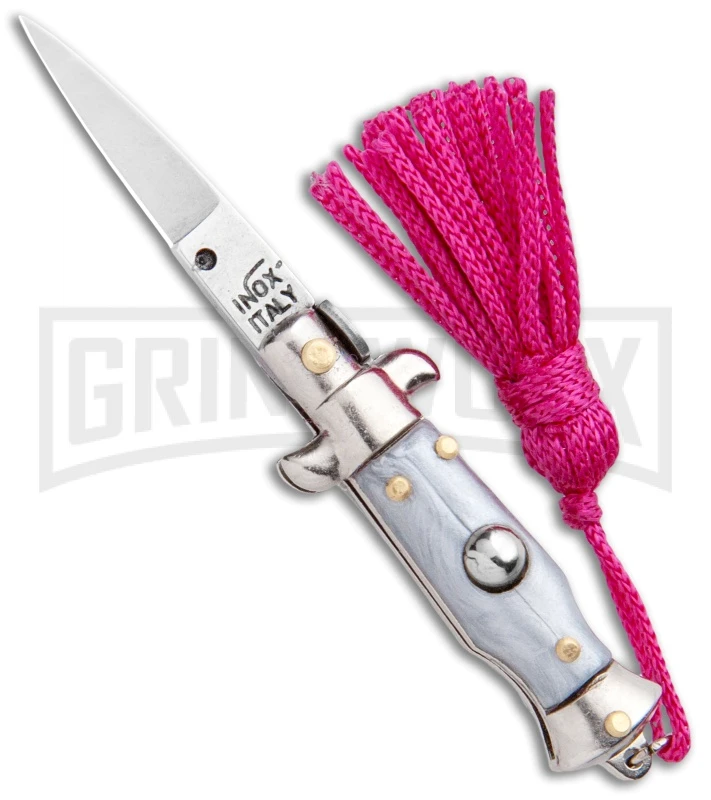 SKM Italian Stiletto Gray Automatic Knife Pink Keychain - Flat Grind 3 SKM Italian Stiletto Gray Automatic Knife Pink Keychain - Flat Grind