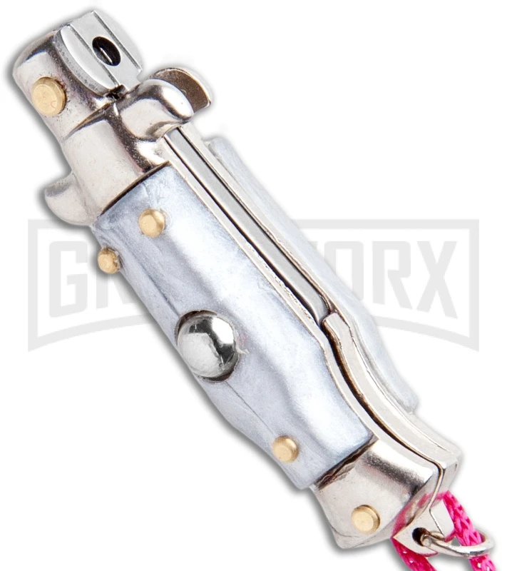 SKM Italian Stiletto Gray Automatic Knife Pink Keychain - Flat Grind 4 SKM Italian Stiletto Gray Automatic Knife Pink Keychain - Flat Grind - Image 2
