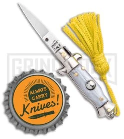 Italian Stiletto Gray Automatic Knife Yellow Keychain - Flat Grind -Kershaw Store SKM Italian Stiletto Keychain Auto Silver Yellow Satin BHQ 102940 jr bottlecap large