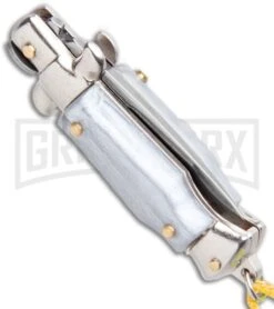 Italian Stiletto Gray Automatic Knife Yellow Keychain - Flat Grind -Kershaw Store SKM Italian Stiletto Keychain Auto Silver Yellow Satin BHQ 102940 jr side large