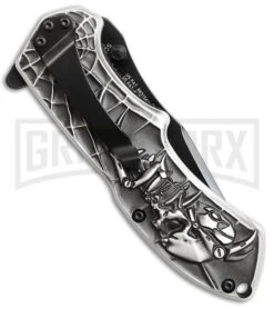 Schrade Spider Boneyard Series MAGIC Spring Assisted Knife - Black Serr -Kershaw Store Schrade Boneyard Spider MAGIC SA Black Serr SCHA15BS BHQ 62001 jr side large