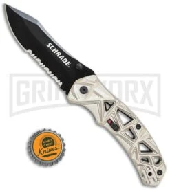 Schrade Shizzle MAGIC Spring Assisted Knife - Black Serr -Kershaw Store Schrade Shizzle MAGIC SA Champagne Black Serr SCHA11CS BHQ 61994 jr bottlecap large