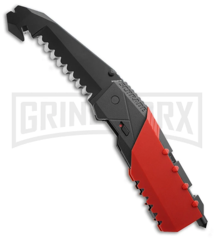 Schrade Red Rescue Tool MAGIC Spring Assisted Knife - Black Serr 3 Schrade Red Rescue Tool MAGIC Spring Assisted Knife - Black Serr