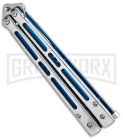 Silver/Blue Inlay Balisong Butterfly Knife - Satin Plain -Kershaw Store Silver Blue Inlay Balisong Satin GX 37631 jr side large