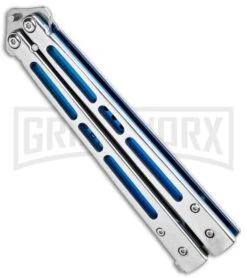 Silver/Blue Inlay Balisong Butterfly Knife - Satin Plain -Kershaw Store Silver Blue Inlay Balisong Satin GX 37631 jr spine large