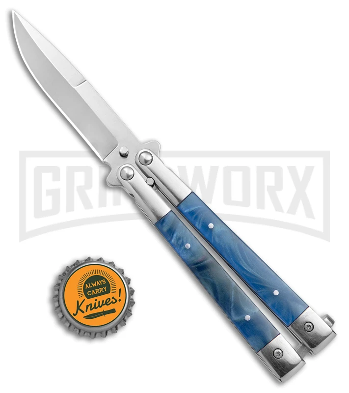 Blue Balisong Bayonet Butterfly Knife - Satin Plain 6 Blue Balisong Bayonet Butterfly Knife - Satin Plain - Image 4