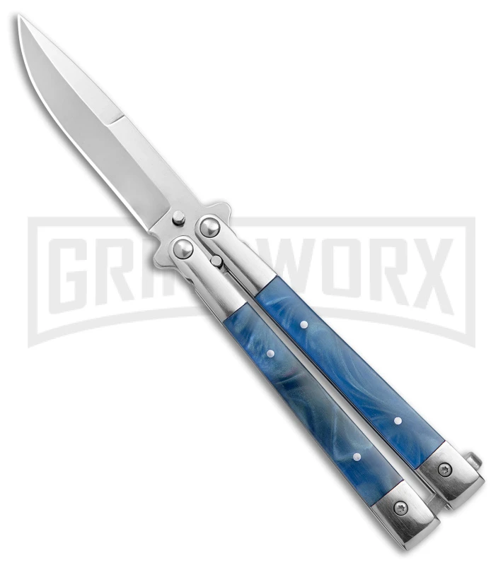 Blue Balisong Bayonet Butterfly Knife - Satin Plain 3 Blue Balisong Bayonet Butterfly Knife - Satin Plain