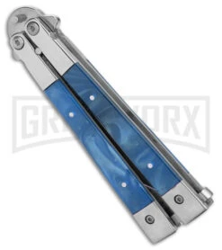 Blue Balisong Bayonet Butterfly Knife - Satin Plain 8 Blue Balisong Bayonet Butterfly Knife - Satin Plain -Kershaw Store Skipper Blue Swirl Balisong Aluminum Butterfly DP Satin GX 40650 jr side large