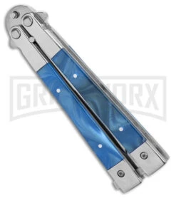 Blue Balisong Bayonet Butterfly Knife - Satin Plain 7 Blue Balisong Bayonet Butterfly Knife - Satin Plain -Kershaw Store Skipper Blue Swirl Balisong Aluminum Butterfly DP Satin GX 40650 jr spine large