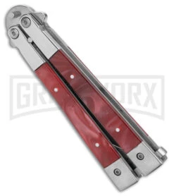 Skipper Red Swirl Balisong Aluminum Butterfly Knife - Drop Point Satin Plain -Kershaw Store Skipper Red Swirl Balisong Aluminum Butterfly DP Satin BHQ 177243 jr side large