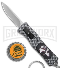 Skull Mini Dog Tag Gray Black Carbon Fiber D/A OTF Automatic Knife - Satin Plain -Kershaw Store Skull Mini Dog Tag CF DA Auto Satin BHQ 175039 jr bottlecap large