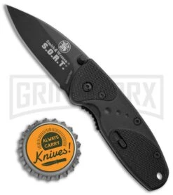 Smith & Wesson Medium S.O.R.T. Black Spring Assisted Knife - Black Plain -Kershaw Store Smith Wesson S.O.R.T. Medium Black Black SWSORTBM BHQ 4110 jr bottlecap large