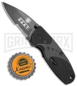 Smith & Wesson Medium S.O.R.T. Black Spring Assisted Knife - Black Serr -Kershaw Store Smith Wesson S.O.R.T. Medium Black Black Serr SWSORTBMS BHQ 4111 jr bottlecap large