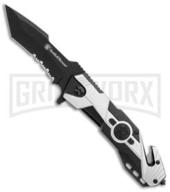 S&W Black & Silver Aluminum Liner Lock Knife - Black Partially Serr Blade