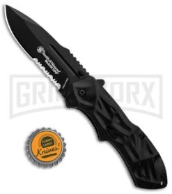 Smith & Wesson Black Ops Black Spring Assisted Knife - Black Serr 9 Smith & Wesson Black Ops Black Spring Assisted Knife - Black Serr -Kershaw Store Smith and Wesson Black Ops LL Black Black Serr SWBLOP3BKS BHQ 85065 jr bottlecap large