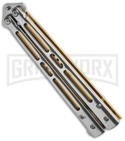 Boss Butterfly Knife Stainless Steel Gold Liners - Gray Plain -Kershaw Store Stainless Steel With Gold Ilay Balisong Butterfly Knife GX 37609 td side large