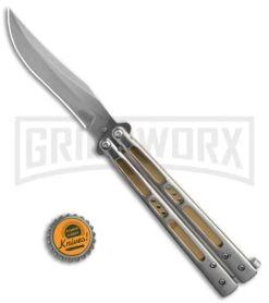 Boss Butterfly Knife Stainless Steel Gold Liners - Gray Plain -Kershaw Store Stainless Steel With Gold Ilay Balisong Butterfly Knife GX 37609 td size large