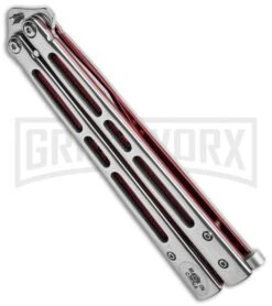 Boss Butterfly Knife Stainless Steel Red Liners - Gray Plain -Kershaw Store Stainless Steel With Red Ilay Balisong Butterfly Knife GX 37606 td spine large