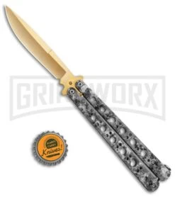 Stone Pattern Balisong Butterfly Knife (4.25" Gold) 9 Stone Pattern Balisong Butterfly Knife (4.25" Gold) -Kershaw Store Stone Pattern Balisong Butterfly Gold GX 37520 jr bottlecap large