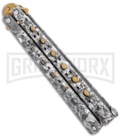 Stone Pattern Balisong Butterfly Knife (4.25" Gold) 8 Stone Pattern Balisong Butterfly Knife (4.25" Gold) -Kershaw Store Stone Pattern Balisong Butterfly Gold GX 37520 jr side large