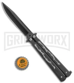 Super Knife Black Balisong Butterfly Knife Dragon - Black Serr -Kershaw Store Super Knife Black Balisong Butterfly Dragon Black Serr GX 36280 jr bottlecap large