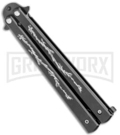 Super Knife Black Balisong Butterfly Knife Dragon - Black Serr -Kershaw Store Super Knife Black Balisong Butterfly Dragon Black Serr GX 36280 jr side large