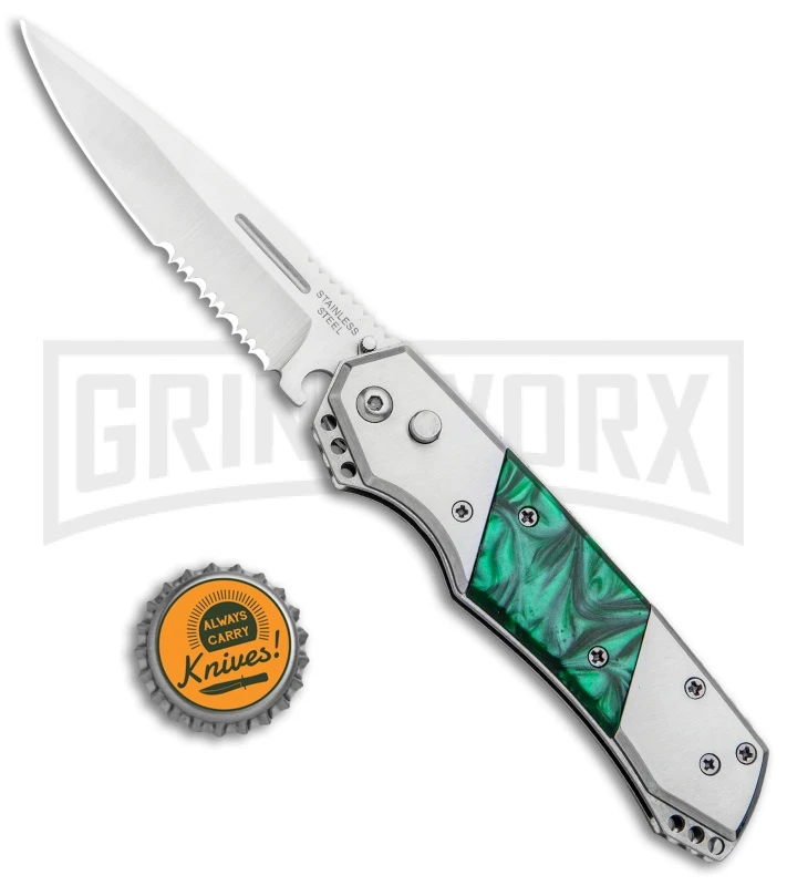 Super Knife Croc Automatic Knife Stainless Steel W/ Green Inlay - Satin Serr 6 Super Knife Croc Automatic Knife Stainless Steel W/ Green Inlay - Satin Serr - Image 4