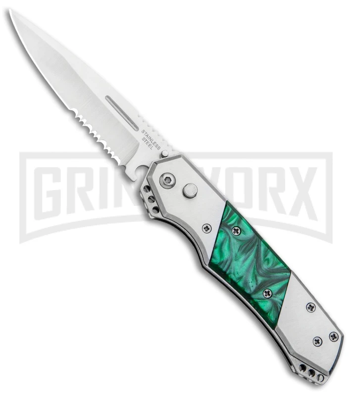 Super Knife Croc Automatic Knife Stainless Steel W/ Green Inlay - Satin Serr 3 Super Knife Croc Automatic Knife Stainless Steel W/ Green Inlay - Satin Serr