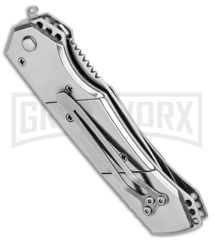 Super Knife Croc Automatic Knife Stainless Steel W/ Green Inlay - Satin Serr 5 Super Knife Croc Automatic Knife Stainless Steel W/ Green Inlay - Satin Serr - Image 3