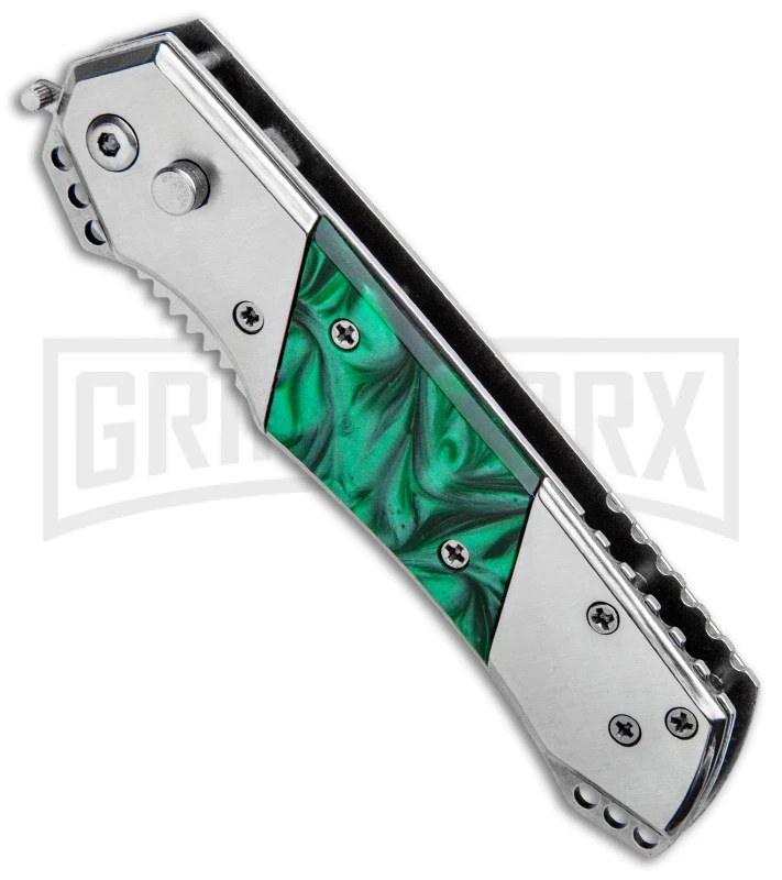 Super Knife Croc Automatic Knife Stainless Steel W/ Green Inlay - Satin Serr 4 Super Knife Croc Automatic Knife Stainless Steel W/ Green Inlay - Satin Serr - Image 2