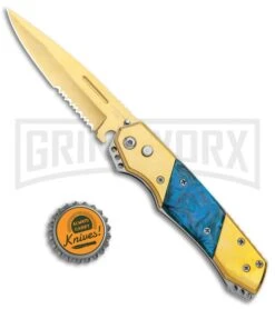 Super Knife Croc Automatic Knife Gold W/ Blue Inlay - Gold Serr -Kershaw Store Super Knife Croc Auto Stainless Gold Blue Serr GX 35767 jr bottlecap large