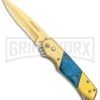Super Knife Croc Automatic Knife Gold W/ Blue Inlay - Gold Serr -Kershaw Store Super Knife Croc Auto Stainless Gold Blue Serr GX 35767 jr large