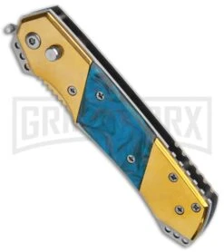 Super Knife Croc Automatic Knife Gold W/ Blue Inlay - Gold Serr -Kershaw Store Super Knife Croc Auto Stainless Gold Blue Serr GX 35767 jr spine large