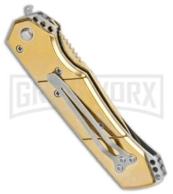 Super Knife Croc Automatic Knife Stainless Gold W/ Gold Inlay - Gold Serr -Kershaw Store Super Knife Croc Auto Stainless Gold Gold Inlay Gold Serr GX 34967 jr side large
