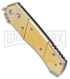 Super Knife Croc Automatic Knife Stainless Gold W/ Gold Inlay - Gold Serr -Kershaw Store Super Knife Croc Auto Stainless Gold Gold Inlay Gold Serr GX 34967 jr spine large