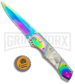 Super Knife Croc Automatic Knife Stainless Rainbow W/ White Inlay - Rainbow Serr -Kershaw Store Super Knife Croc Auto Stainless Rainbow White Spectrum Serr GX 35780 jr bottlecap large