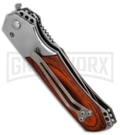 Super Knife Croc Automatic Knife Stainless W/ Rosewood Inlay - Satin Serr -Kershaw Store Super Knife Croc Stainless Rosewood Inlay satin serr BP 30075 er side large