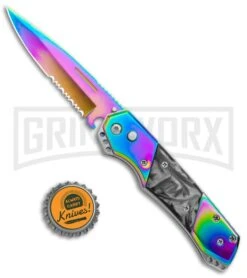 Super Knife Croc Automatic Knife Stainless Rainbow W/ Black Inlay - Rainbow Serr -Kershaw Store Super Knife Crock Auto Stainless Rainbow Black Spectrum Serr GX 35770 jr bottlecap large