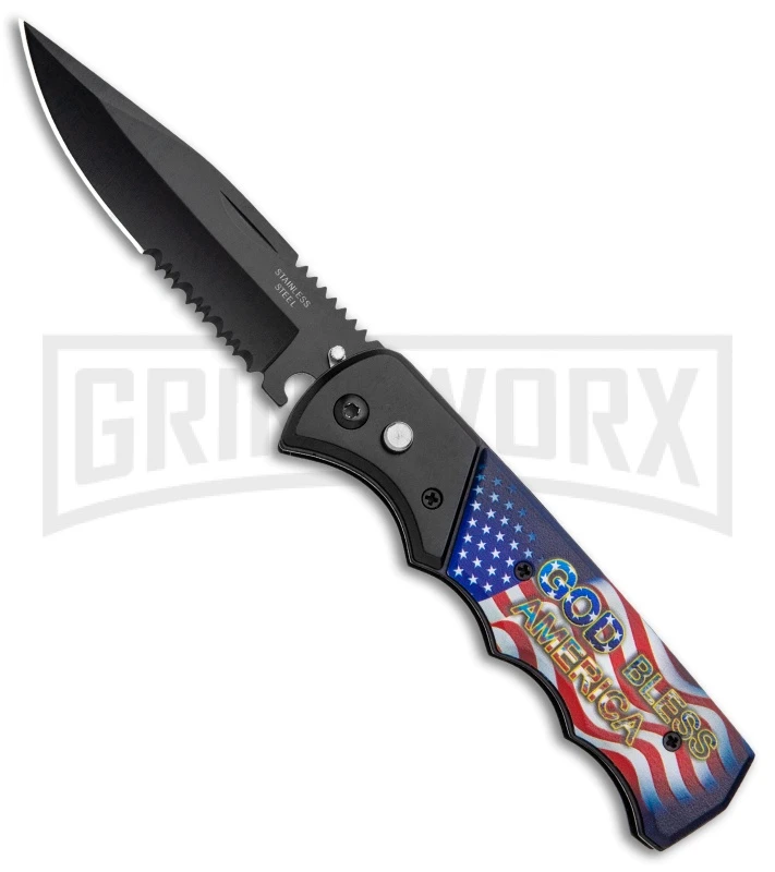 Super Knife Dingo Black God Bless America Automatic Knife - Black Serr 3 Super Knife Dingo Black God Bless America Automatic Knife - Black Serr