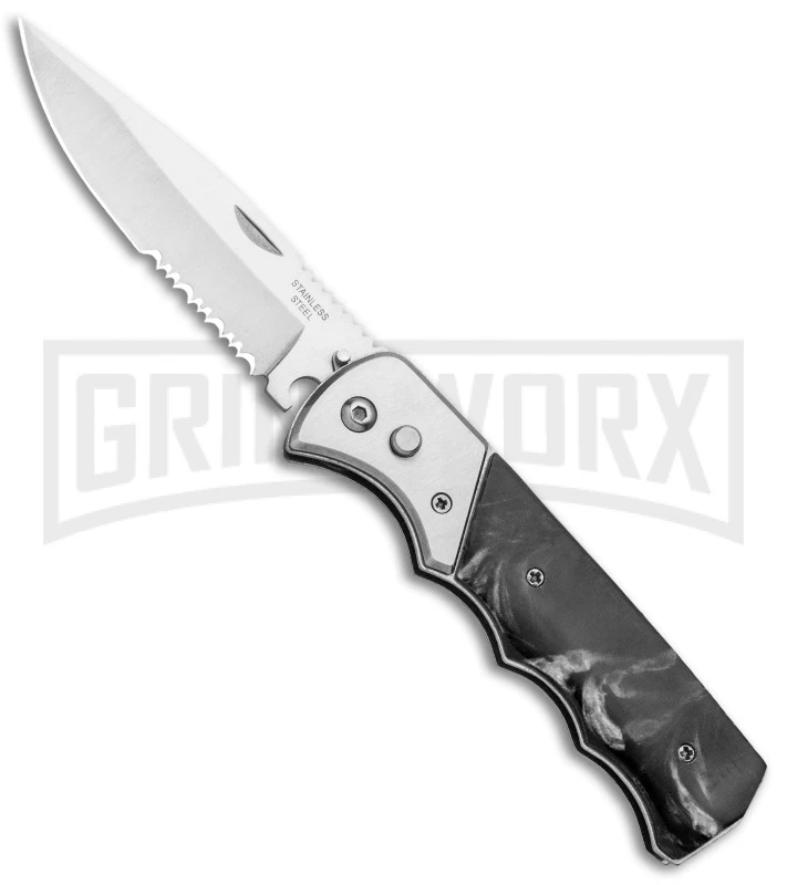 Super Knife Dingo Black Marble Acrylic Automatic Knife - Satin Serr 3 Super Knife Dingo Black Marble Acrylic Automatic Knife - Satin Serr