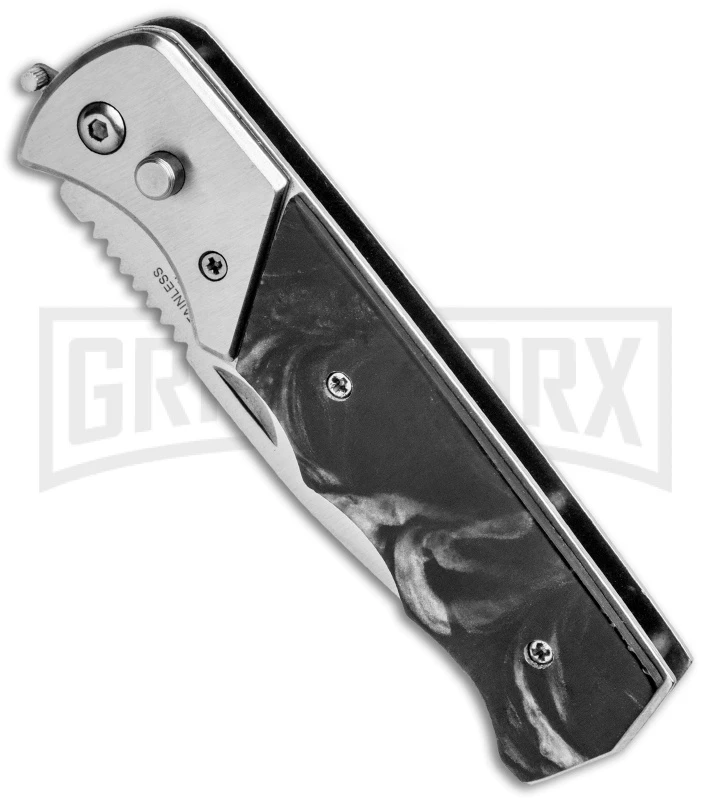 Super Knife Dingo Black Marble Acrylic Automatic Knife - Satin Serr 4 Super Knife Dingo Black Marble Acrylic Automatic Knife - Satin Serr - Image 2