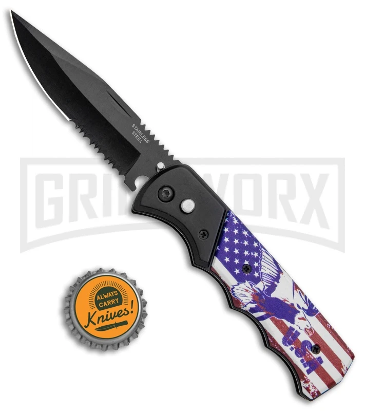 Super Knife Dingo Black And USA Eagle Automatic Knife - Black Serr 6 Super Knife Dingo Black And USA Eagle Automatic Knife - Black Serr - Image 4