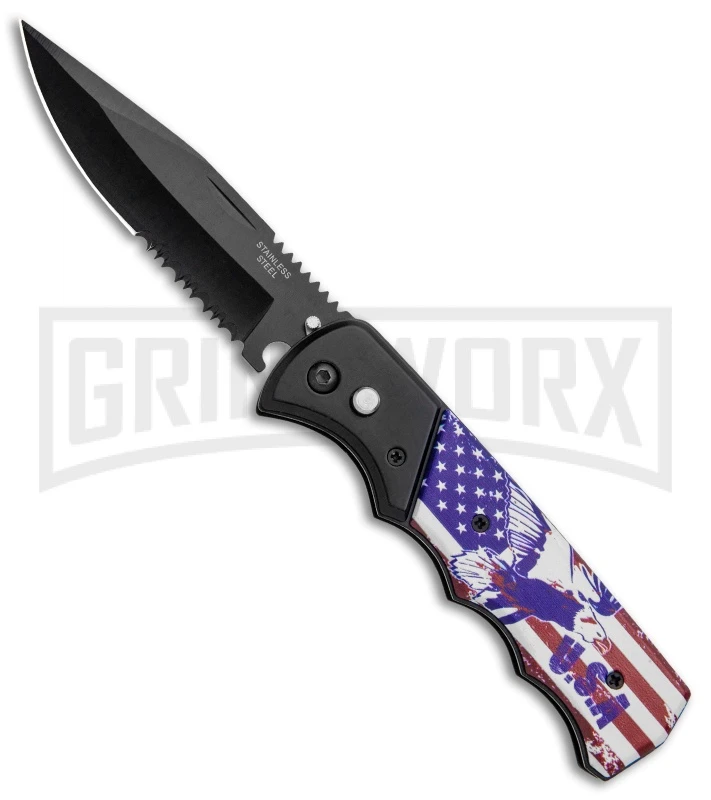Super Knife Dingo Black And USA Eagle Automatic Knife - Black Serr 3 Super Knife Dingo Black And USA Eagle Automatic Knife - Black Serr