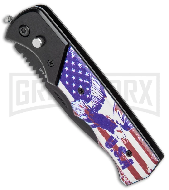 Super Knife Dingo Black And USA Eagle Automatic Knife - Black Serr 4 Super Knife Dingo Black And USA Eagle Automatic Knife - Black Serr - Image 2