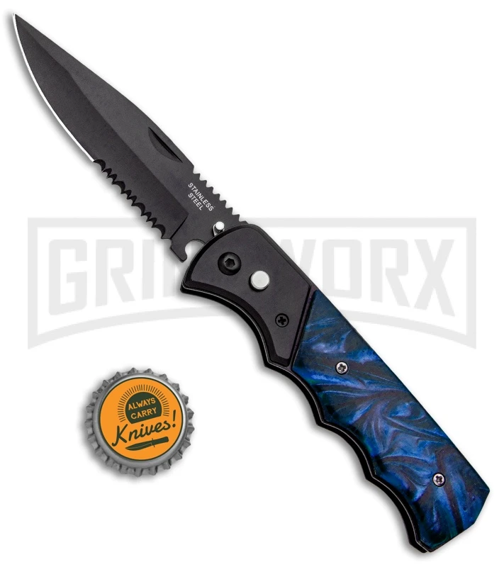 Super Knife Dingo Blue Acrylic Automatic Knife - Black Serr 6 Super Knife Dingo Blue Acrylic Automatic Knife - Black Serr - Image 4